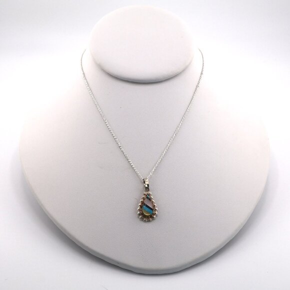 Native American Inlay Pendant Teardrop Sterling Silver Zuni Necklace‎ Jewelry** - Picture 3 of 11